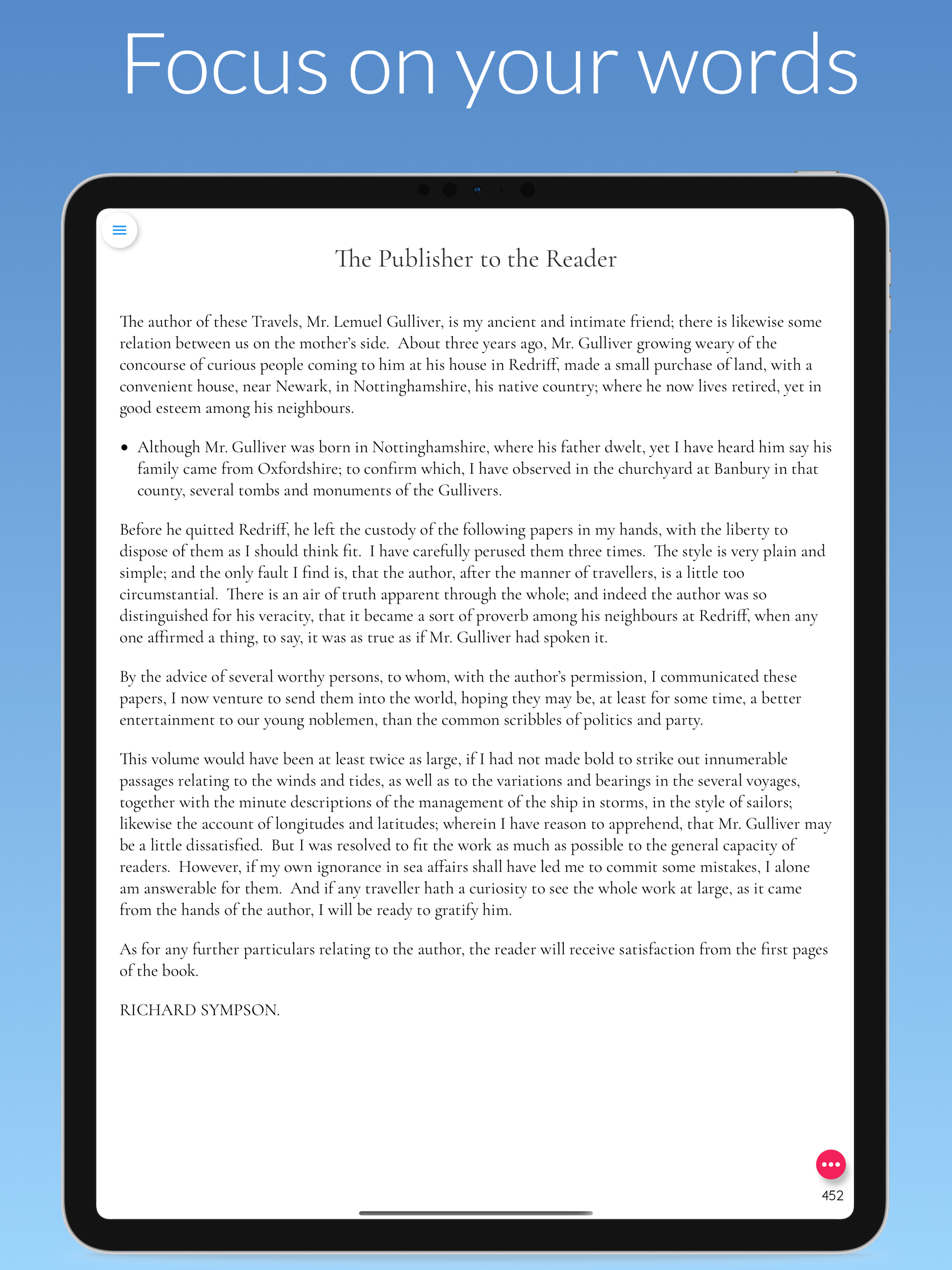 Narrative on iPad with focus mode and live word count while drafting a novel