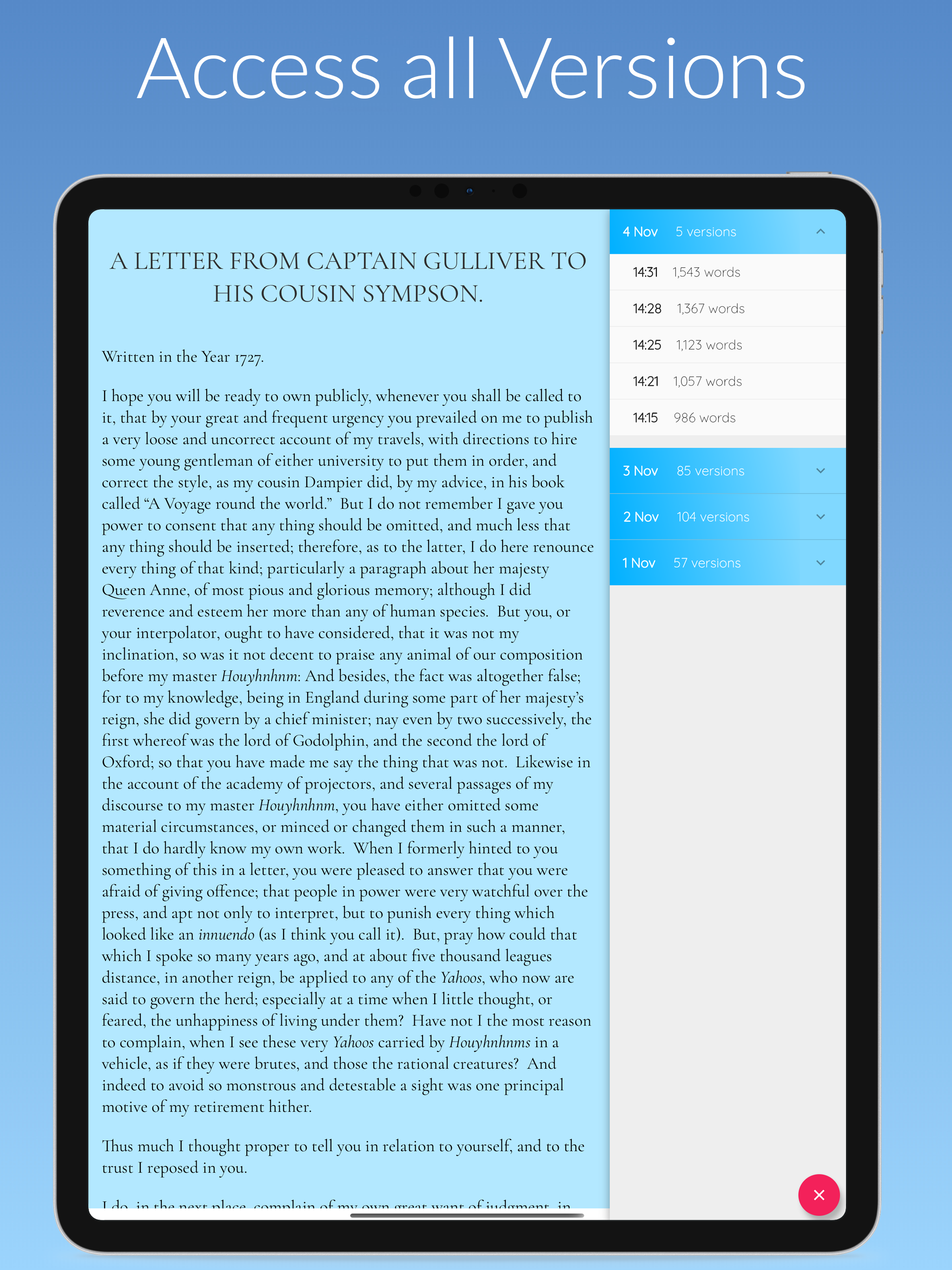 Automatic version snapshots in Narrative on iPad protecting every draft