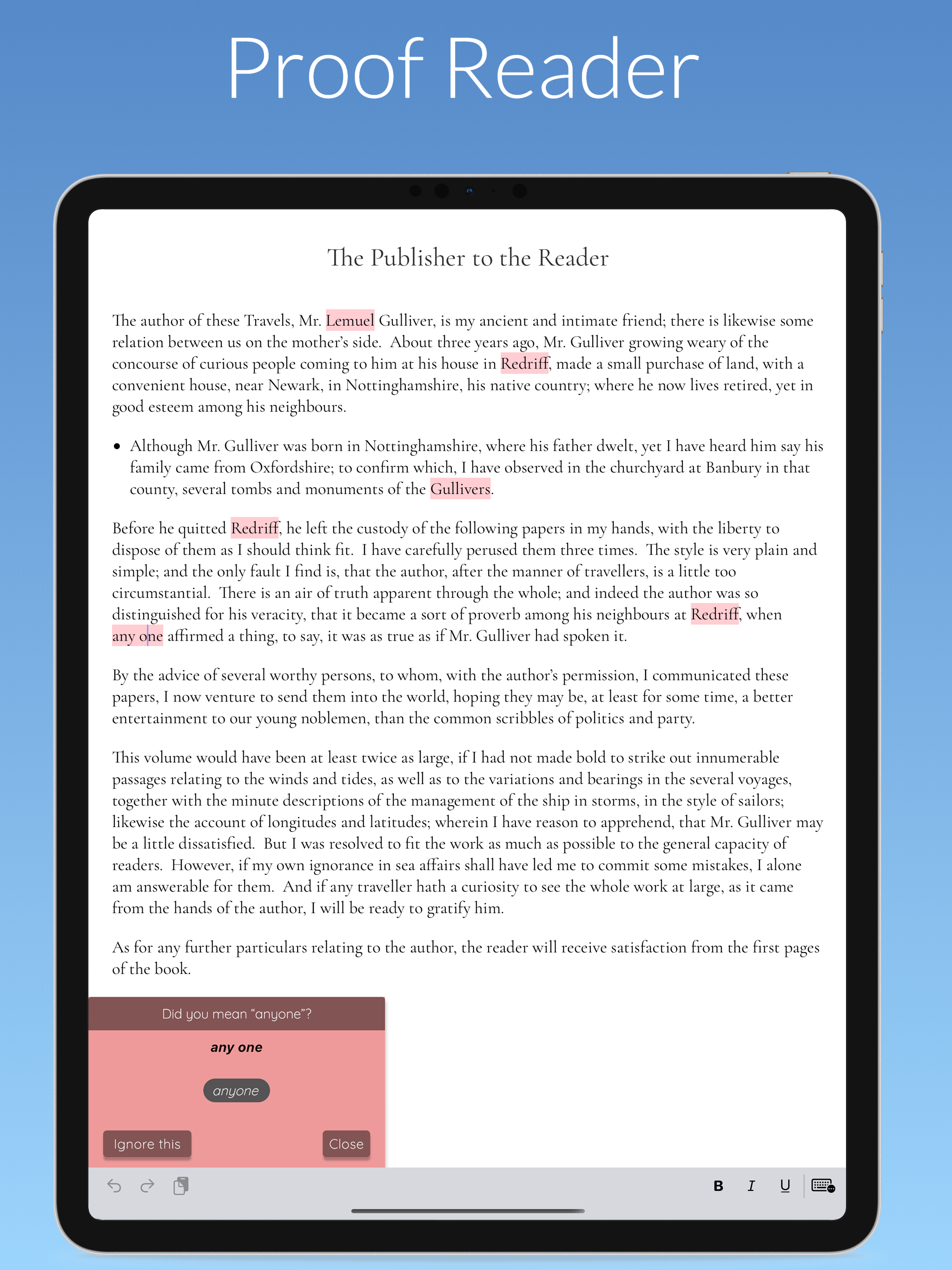 Proofreader in Narrative on iPad suggesting a spelling correction