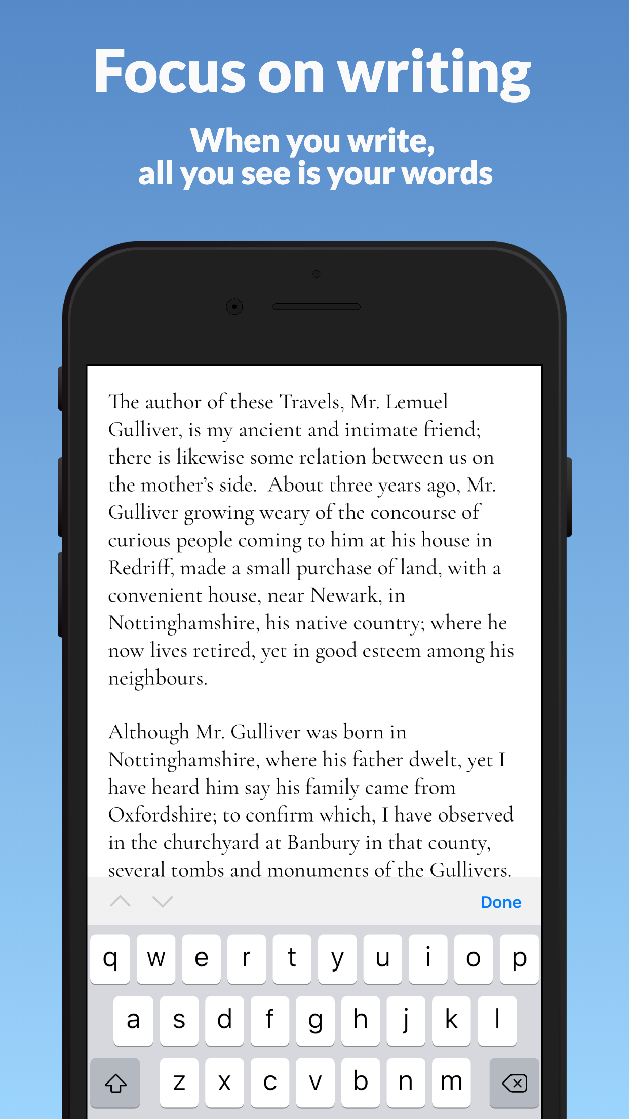 Focus mode in the Narrative writing app — a distraction-free editor showing only your words on iPhone