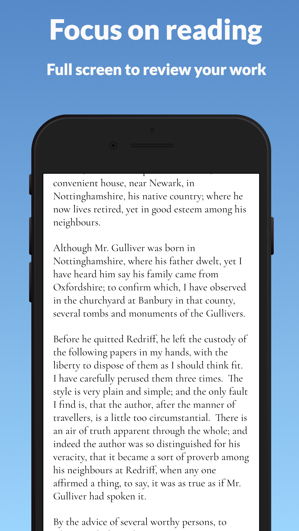 Full-screen reading mode in Narrative for reviewing your novel manuscript