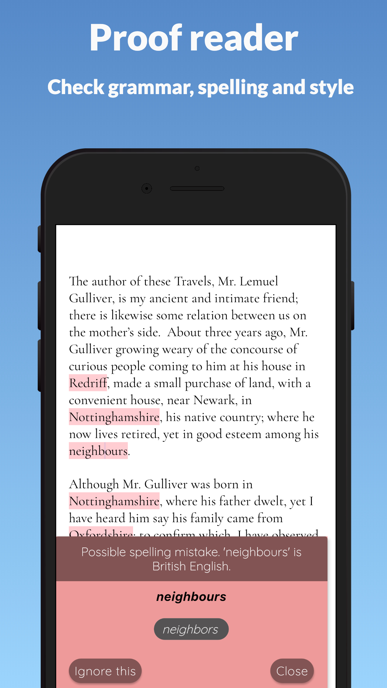 Proofreader in Narrative checking grammar, spelling and style with suggestions you can accept or ignore