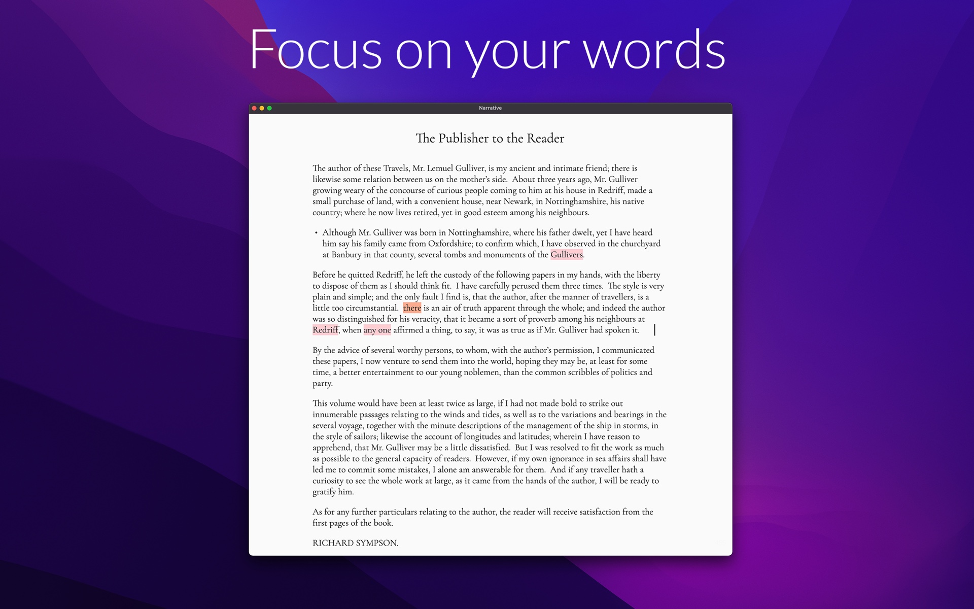 Narrative for macOS in focus mode — a distraction-free novel writing editor showing only your words