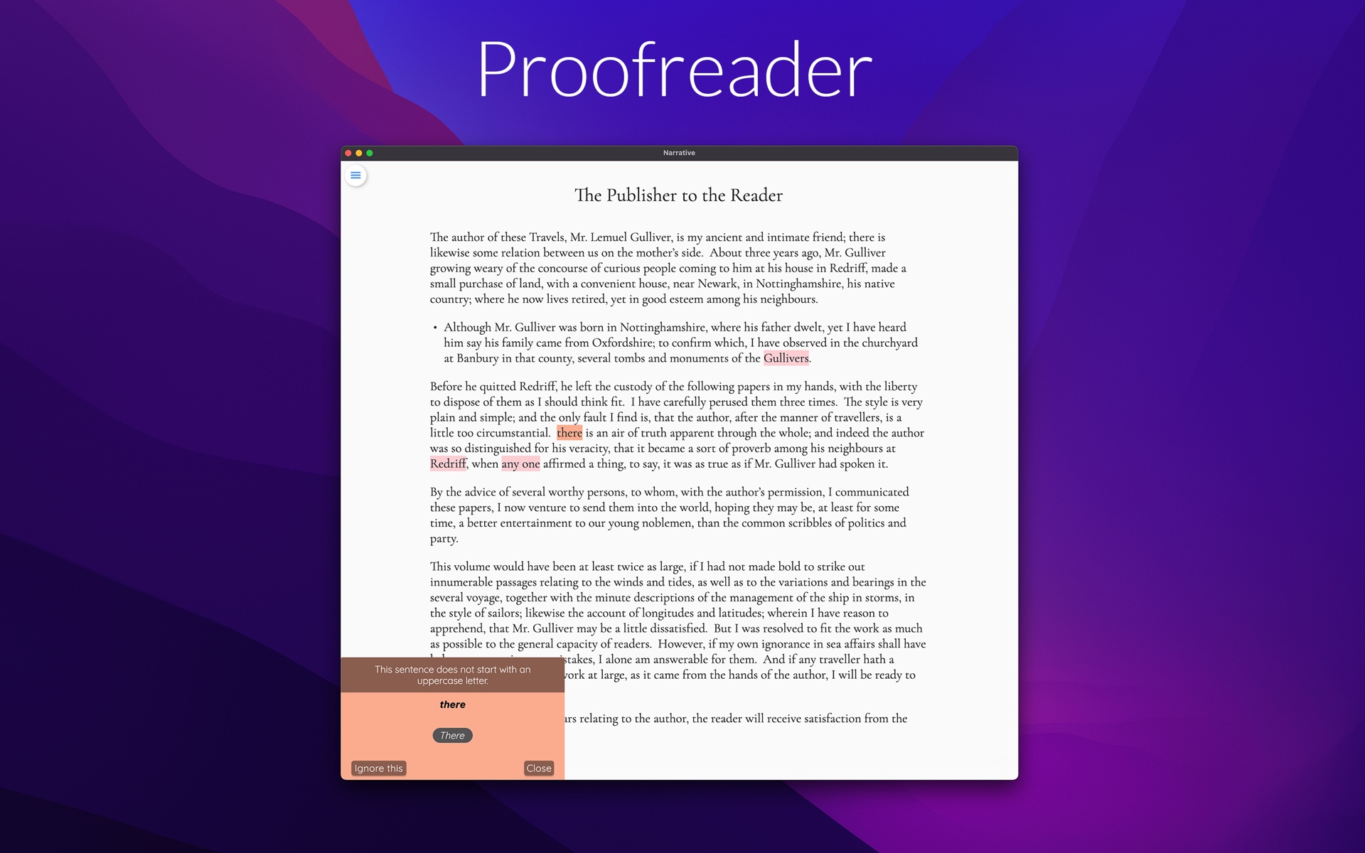 Narrative for macOS proofreader suggesting grammar, spelling and style corrections you can accept or ignore