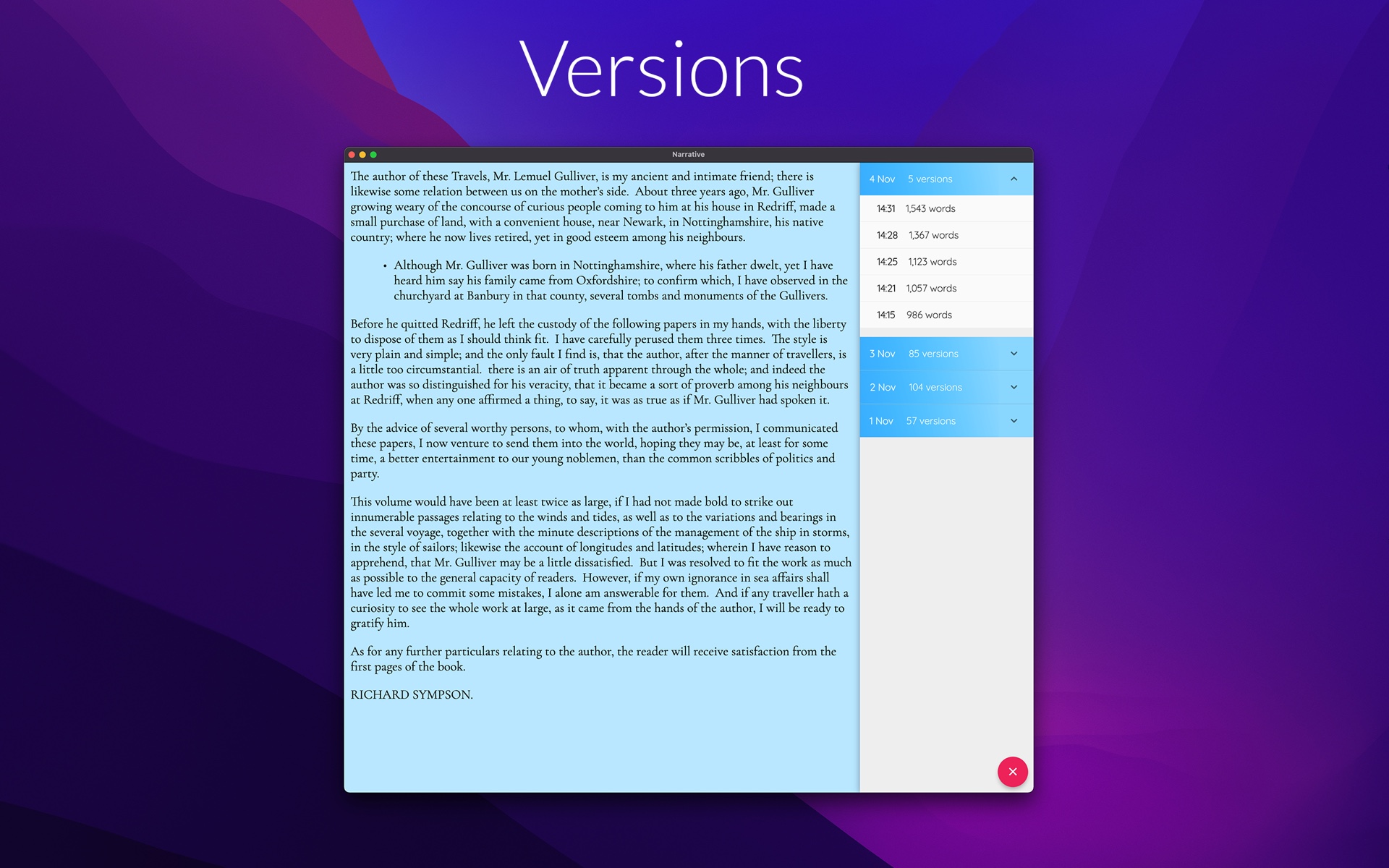 Narrative for macOS version history — automatic snapshots of every draft so you never lose work